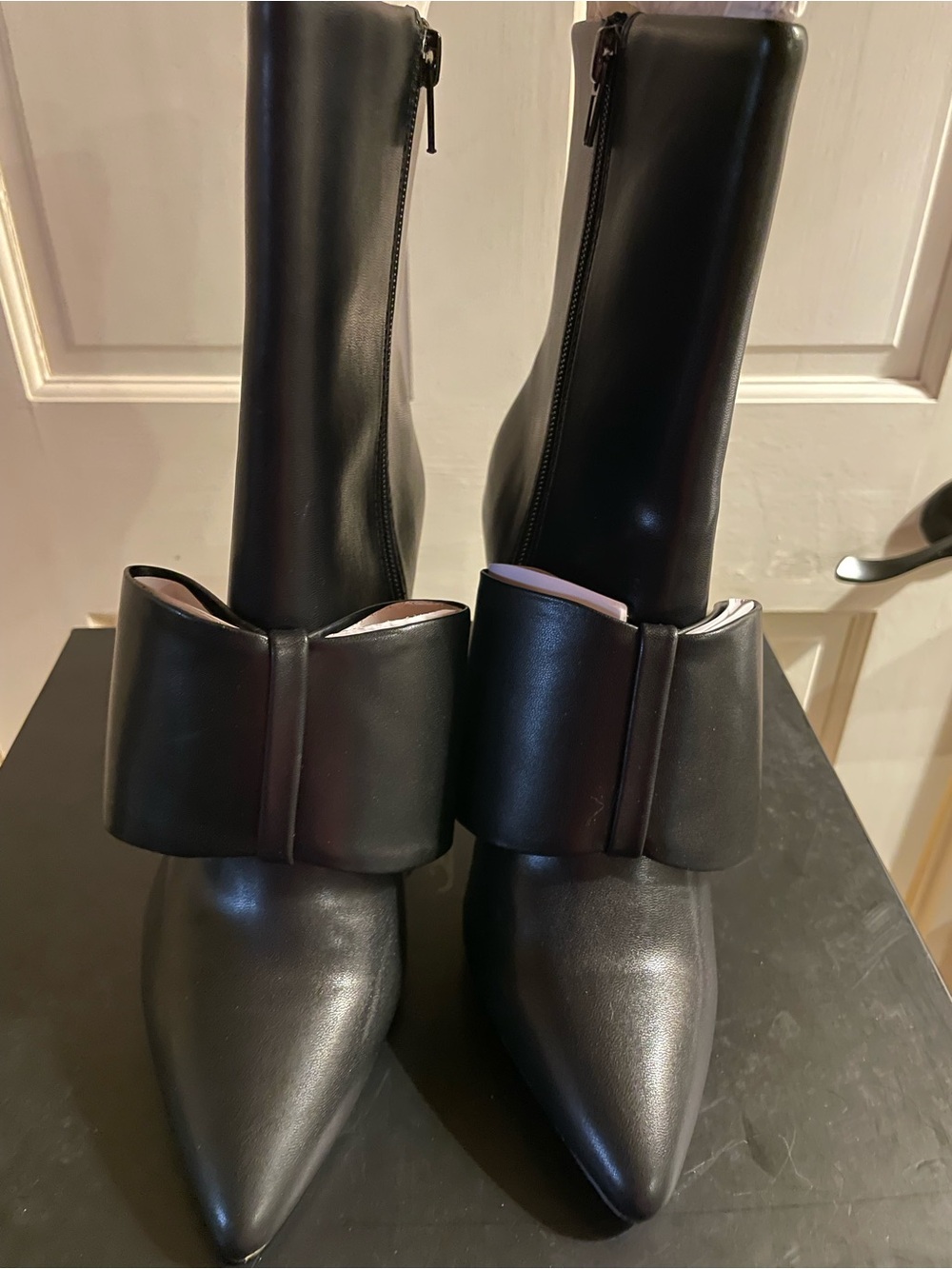 Women's Black Pointed Toe Heeled Boots with Bow Accent